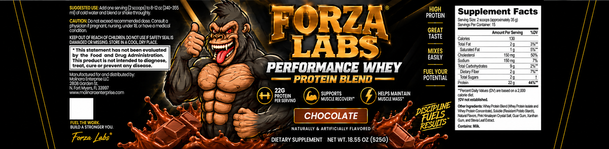 FORZA LABS Performance Whey Protein Powder – Chocolate – 22g Protein – 15 Servings – 18.55 oz